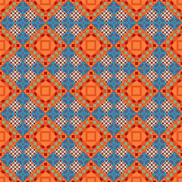 الگوی بدون درز هندسی با کاشی های آبی نارنجی و قرمز