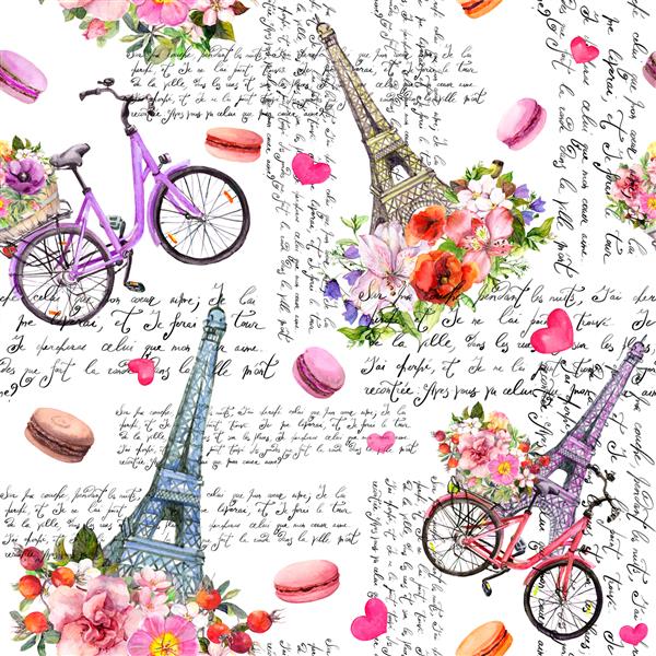 عشق در پاریس برج ایفل قلب گل دوچرخه ماکارون متن فرانسوی دست نوشته الگوی بدون درز آبرنگ