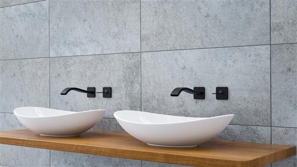 نمای نزدیک از حوض روشویی حمام روی روشویی چوبی بلوط با شیر آب مشکی با تصویر سه بعدی