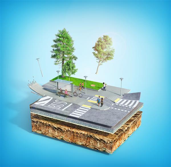 مفهوم ترافیک ایستگاه اتوبوس شهری روی تکه زمین ساختار جاده را ببینید تصویر سه بعدی