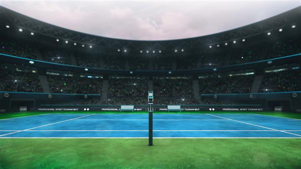 استادیوم زمین تنیس آبی و سبز با هواداران در طول روز نمای جانبی داور پس‌زمینه تصویرسازی سه بعدی ورزش تنیس حرفه‌ای