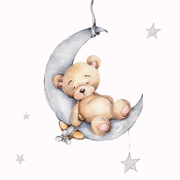 نقاشی دستی آبرنگ پسر خرس عروسکی قهوه ای که روی ماه می خوابد با اسباب بازی هواپیما در دست می تواند برای کارت دعوت نامه حمام نوزاد پوستر استفاده شود با زمینه سفید جدا شده