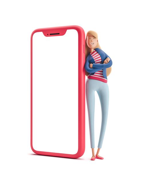 زن جوان تجاری اما با تلفن بزرگ در پس‌زمینه سفید ایستاده است تصویر سه بعدی