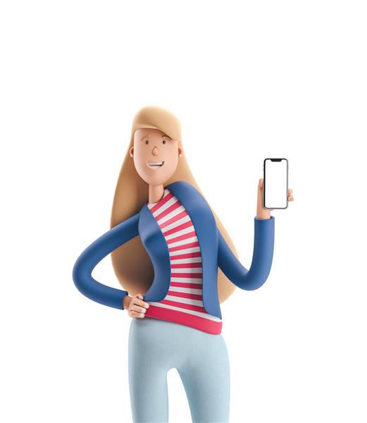 زن جوان تجاری اما با تلفن در پس زمینه سفید ایستاده است تصویر سه بعدی