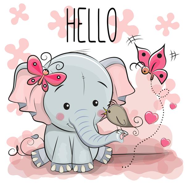 کارت تبریک کارتونی زیبا فیل با پرنده