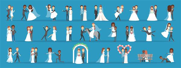 ست عروسی دونفره مجموعه عروس با دسته گل و داماد افراد رمانتیک و لباس سفید برای مراسم تصویر مسطح جدا شده