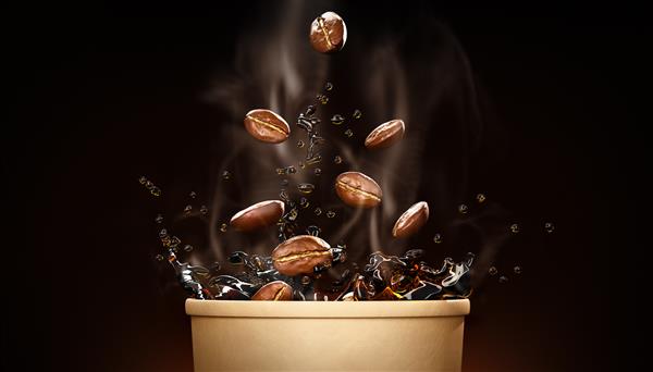 قهوه صبحانه اسپرسو داغ در فنجان مقوایی نوشیدنی معطر قهوه با ریزش دانه‌های قهوه و بخار روی پس‌زمینه مشکی طراحی بنر تصویر رندر شده سه بعدی