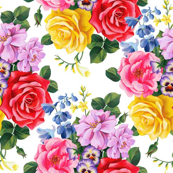 الگوی بدون درز گیاهی گلدار مجلل جدا شده روی سفید دسته گل رز بزرگ و جوانه های شلوارک بافت مداد گرافیکی گل های مد طراحی پارچه و پارچه