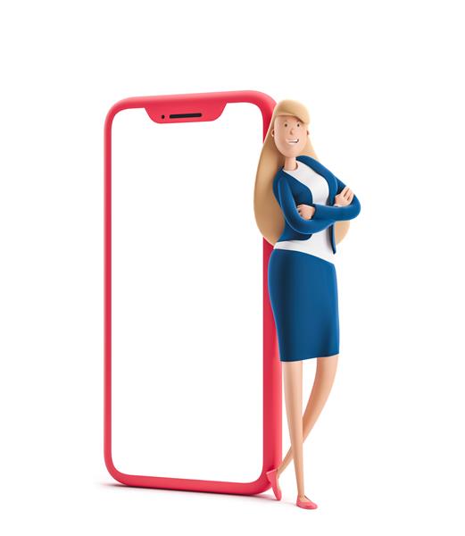 زن جوان تجاری اما با تلفن بزرگ در پس زمینه سفید ایستاده است تصویر سه بعدی