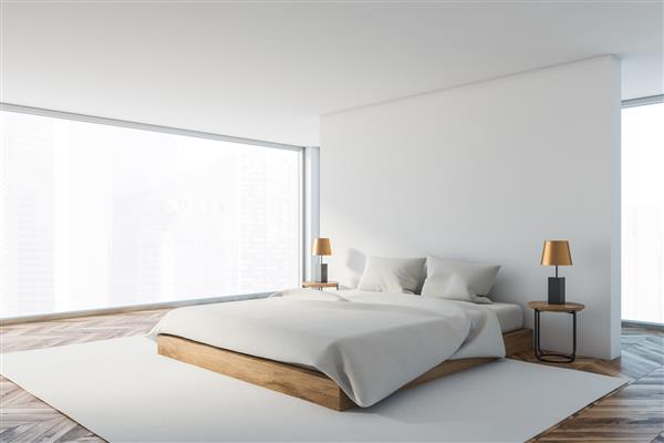 گوشه اتاق خواب مستر پانوراما با دیوارهای سفید کف چوبی تخت کینگ سایز راحت و دو میز کنار تخت گرد با لامپ رندر سه بعدی