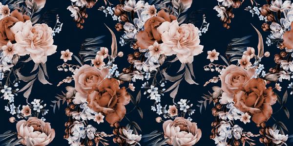 الگوی گل بدون درز با گل در پس زمینه تیره آبرنگ طراحی قالب برای منسوجات داخلی لباس کاغذ دیواری هنر گیاه شناسی
