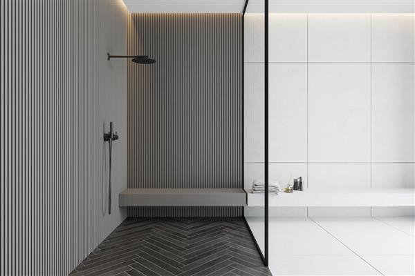 فضای داخلی حمام بزرگ با دیوارهای خاکستری و سفید کف چوبی مشکی غرفه دوش با دیوار شیشه ای و نیمکت با حوله و محصولات زیبایی مفهوم آبگرم رندر سه بعدی