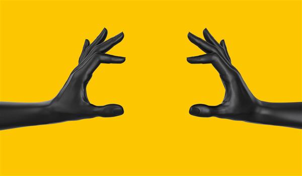 مفهوم ژست دو دستی در دست گرفتن غذا مانند برگر سیاه اندازه گیری دستی جدا شده روی زرد رندر سه بعدی