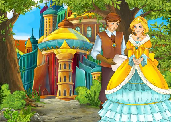 کارتون عاشقانه صحنه طبیعت با قلعه زیبا با شاهزاده و شاهزاده خانم - تصویر برای کودکان
