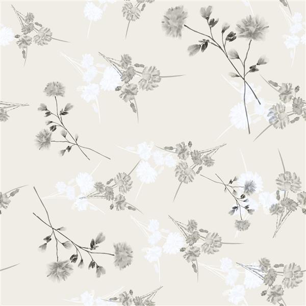 الگوی بدون درز آبرنگ از گل‌های وحشی کوچک خاکستری و سفید روی پس‌زمینه بژ