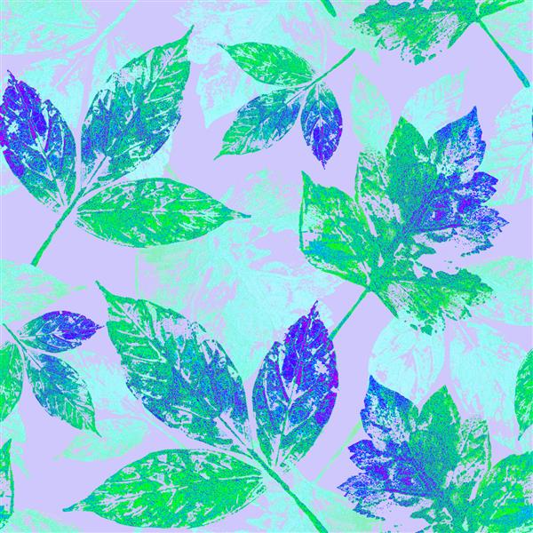 الگوی بدون درز گلدار با برگهای سبز و آبی روی بنفش سبک طراحی شده با دست پس زمینه رنگارنگ برای کارت کاغذ پارچه دکوراسیون و بسته بندی