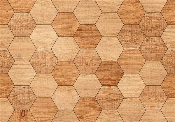بافت چوب طبیعی برای پس زمینه دیوار چوبی قهوه ای بدون درز با الگوی شش ضلعی