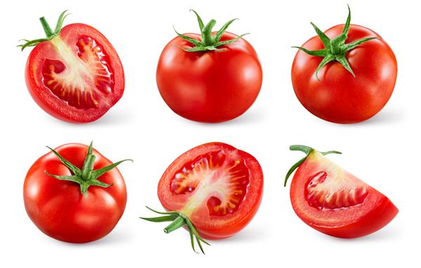 گوجه فرنگی جدا شده گوجه فرنگی کامل نصف شده برش روی سفید گوجه فرنگی با مسیر برش ست گوجه فرنگی