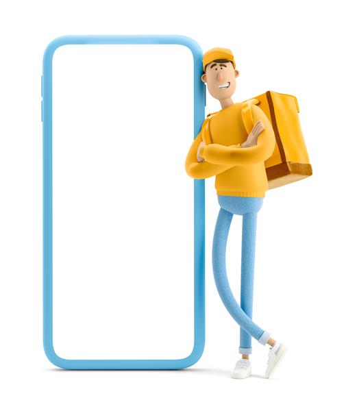 تحویل‌دهنده با یونیفرم زرد با کیف بزرگ و تلفن بزرگ تصویر سه بعدی شخصیت کارتونی مفهوم تحویل آنلاین اکسپرس