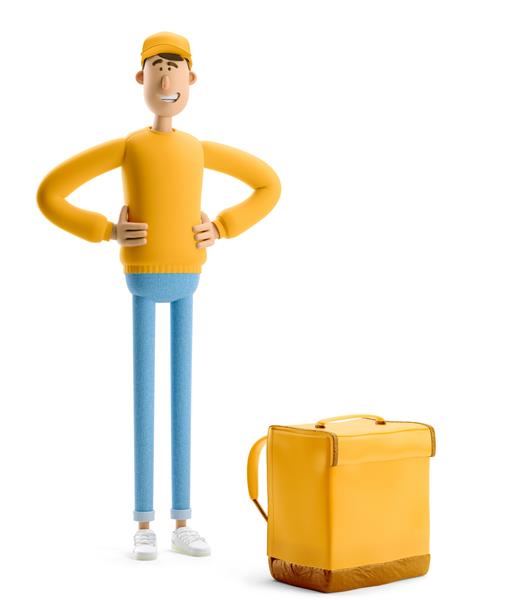 تحویل‌دهنده با لباس زرد با کیسه بزرگ ایستاده است تصویر سه بعدی شخصیت کارتونی مفهوم تحویل ایمن