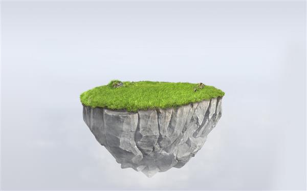 جزیره شناور صخره ای سه بعدی با زمین چمن سبز سورئالیسم رندر سه بعدی زمین سنگی شناور جدا شده در پس زمینه سفید سورئال