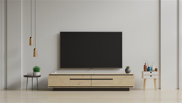 تلویزیون LED روی دیوار سفید در اتاق نشیمن طراحی کمینه رندر سه بعدی