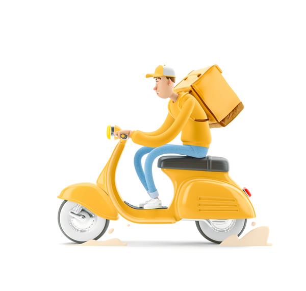 پیک با کیسه ترمو سوار بر موتور سیکلت می شود تصویر سه بعدی شخصیت کارتونی مفهوم تحویل سریع