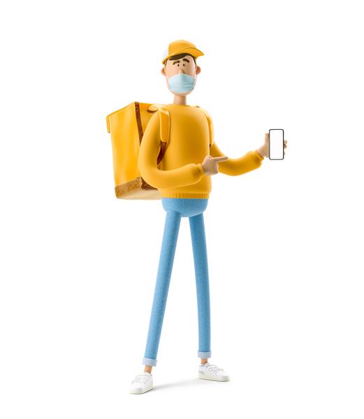 مفهوم تحویل ایمن پسر زایمان با ماسک پزشکی و یونیفرم زرد با کیسه بزرگ و تلفن تصویر سه بعدی شخصیت کارتونی مفهوم تحویل آنلاین