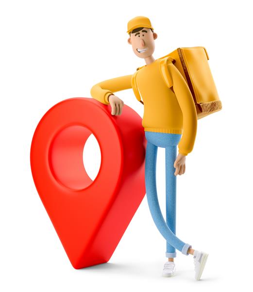 تحویل دهنده با یونیفرم زرد با کیسه بزرگ و سنجاق قرمز ایستاده است تصویر سه بعدی شخصیت کارتونی