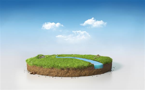 رندر سه بعدی دایره ای فانتزی زمین چمن سکو با رودخانه تصویر سه بعدی سورئال مقطع بریده خاک گرد جدا شده در آسمان بعد از ظهر آبی آفتابی