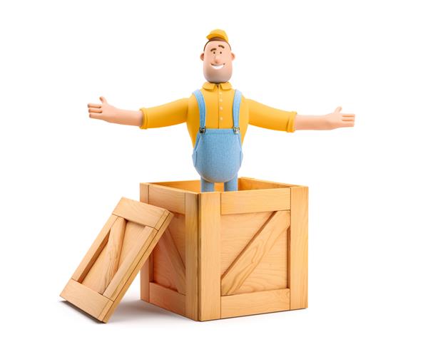 تحویل‌دهنده لباس‌های سرپوش‌دار از جعبه چوبی بیرون می‌پرد تصویر سه بعدی شخصیت کارتونی