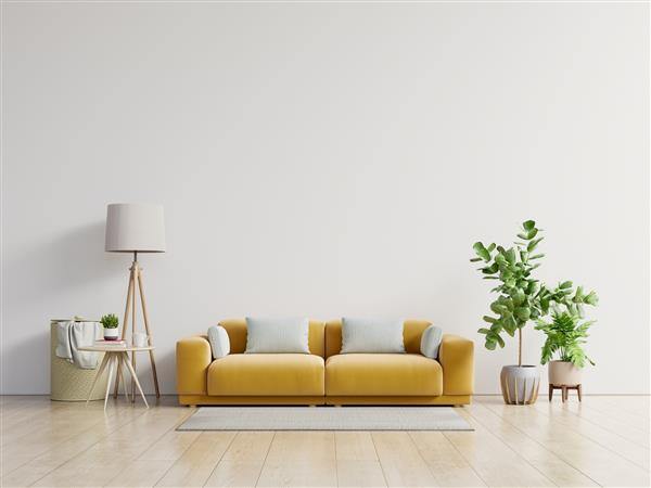 اتاق نشیمن خالی با مبل زرد گیاهان و میز در پس زمینه دیوار سفید خالی رندر سه بعدی