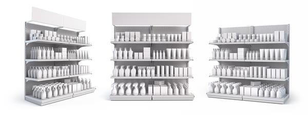 قفسه سوپرمارکت با محصولات آرایشی بطری لوله جعبه محصولات مراقبت شخصی جدا شده در زمینه سفید تصویر سه بعدی