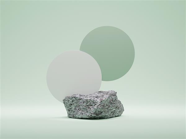 سنگ سه‌بعدی نمایش سکو در فضای کپی پس‌زمینه سبز پاستلی سکوی پایه خاکستری مد روز گرانیتی حداقل برای محصولات یا لوازم آرایشی با قاب گرد ماکت تصویر انتزاعی رندر سه بعدی زیبایی
