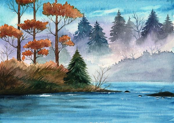 تصویر آبرنگ یک رودخانه با یک جزیره کوچک و یک جنگل مه آلود دور