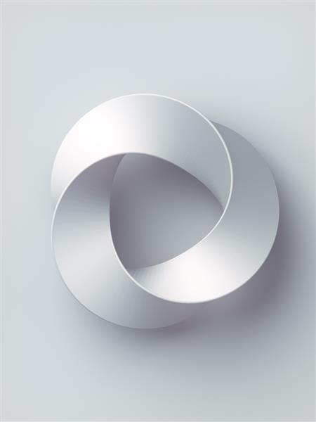 هندسه مقدس حلقه نواری موبیوس شکل فضایی با سطوح وارونه طرح جلد رندر سه بعدی در پس زمینه سفید هنر مینیمال تصویر دیجیتال انتزاعی