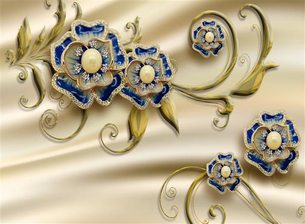 کاغذ دیواری سه بعدی چرخشی طلایی و سنجاق گل الماس آبی انتزاعی