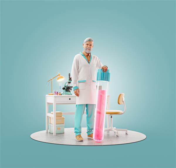 تصویر سه بعدی غیرمعمول از دانشمند با واکسن ایستاده در آزمایشگاه مفهوم بیوشیمی داروسازی و مراقبت های بهداشتی