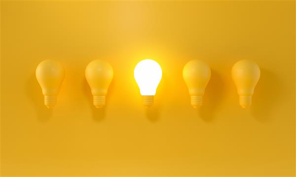 لامپ درخشان بین سایرین در پس زمینه نور زرد رهبری نوآوری ایده عالی و مفاهیم فردیت رندر سه بعدی