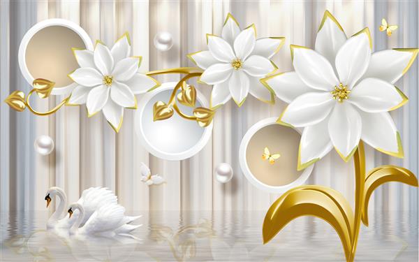 تصویر سه بعدی گل سفید با پس زمینه گل طلایی پلیکان پروانه و دایره