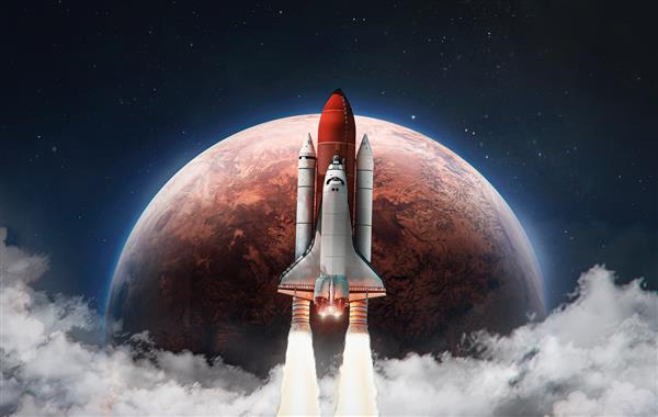 سفینه فضایی در فضای بیرونی در مدار سیاره مریخ شاتل فضایی در آسمان با ابرها کاوش سیاره سرخ عناصر این تصویر توسط ناسا ارائه شده است
