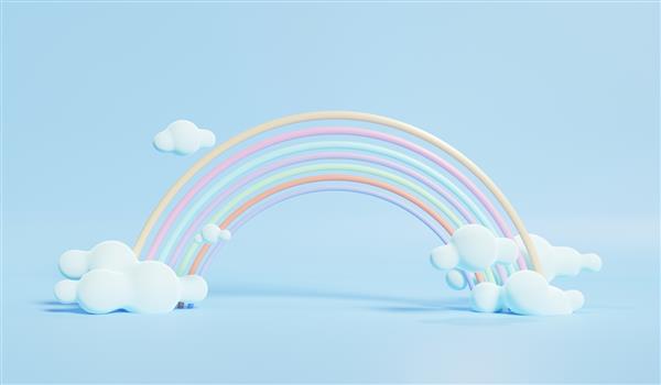 رندر سه بعدی از ابرهای رنگارنگ پاستلی و رنگین کمان با فضای خالی برای بچه ها یا محصولات کودک