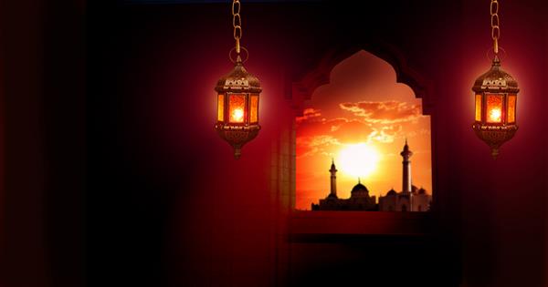 کارت تبریک اسلامی برای اعیاد مسلمانان پس زمینه رمضان کریم عید مبارک بک گراند پیشواز با فانوس پنجره مسجد