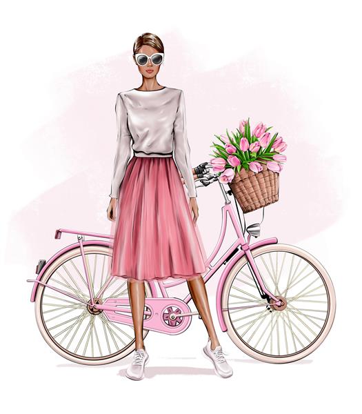 دختر جوان مو بلوند زیبا که نزدیک دوچرخه ایستاده است دختر مد زن زیبا در دامن دختری با دامن توری کرکی صورتی تصویرسازی مد