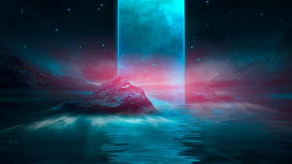 منظره شب فانتزی آینده نگر با منظره و جزیره انتزاعی مهتاب درخشش ماه نئون صحنه طبیعی تاریک با انعکاس نور در آب پورتال کهکشان فضایی نئون تصویرسازی سه بعدی