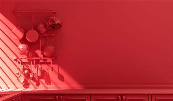 کمد آشپزخانه قرمز دیواری با ظروف آشپزخانه روزمره در داخل آشپزخانه تک رنگ قرمز تک رنگ با میز زیر نور آفتاب گرم صبحگاهی صحنه رنگی تخت رندر سه بعدی