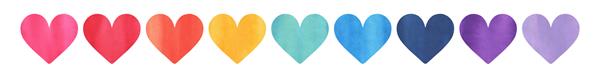 مجموعه تصویرسازی آبرنگ از اشکال قلب عشق تزئینی رنگارنگ در سایه های مختلف نقاشی دستی با آب رنگ برش جزئیات کلیپرت طراحی خلاقانه دشمن بنر الگو برچسب وب سایت
