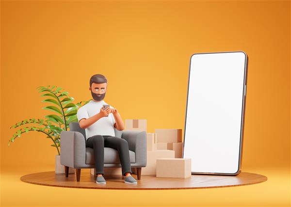 صندلی مرد ریش کارتون روی صندلی راحتی خاکستری روی سکوی چوبی با جعبه های مقوایی و تلفن صفحه سفید سفید و استفاده از گوشی هوشمند تحویل و جابجایی خرید آنلاین تصویر رندر سه بعدی