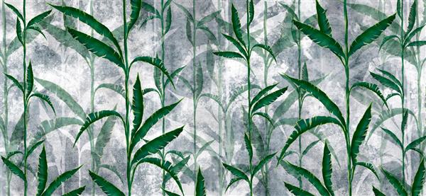 برگ های استوایی به شکل درخت انگور در پس زمینه بافت در رنگ های سبز خاکستری کاغذ دیواری عکس