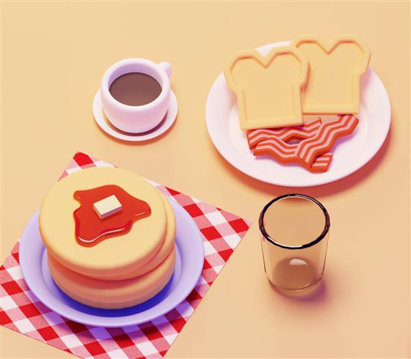 ست صبحانه روی میز به سبک کارتونی مفهوم صبحانه صبحانه اشتها آور خوشمزه پنکیک قهوه نان و بیکن رندر سه بعدی
